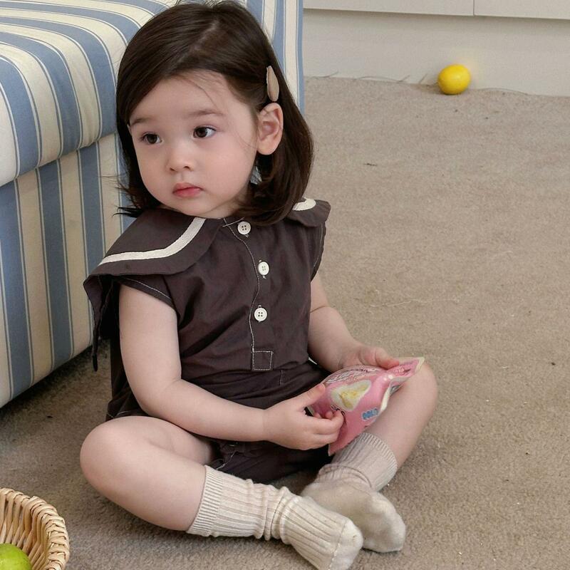 2024 Summer Thin Boy Girl Children Solid Short Sleeve Sailor Collar Romper Infant Cotton Loose Jumpsuit Baby Casual One-pieces