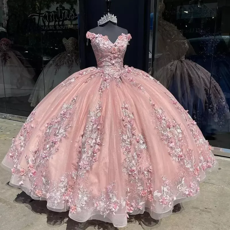 Pink Mexican Ball Gown Quinceanera Dresses Off-Shoulder Vestidos De 15 Anos Appliques 3D Flower Princess Masquerade Party Gown