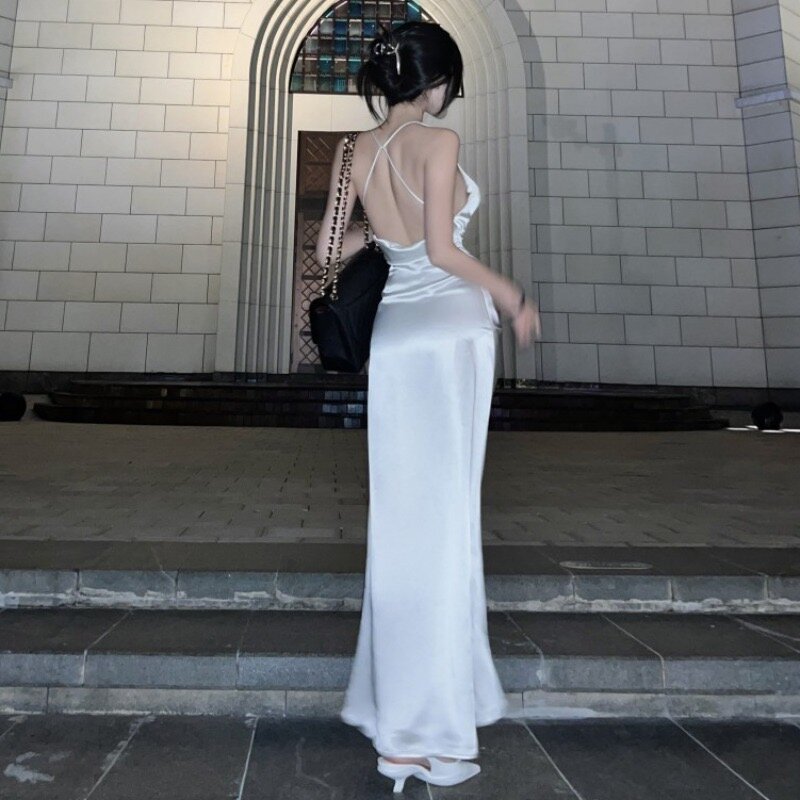 HOUZHOU damska elegancka sukienka seksowna satyna biała bez pleców letnia nowa moda Bodycon wieczorowa suknia weselna koreańska szata Femme