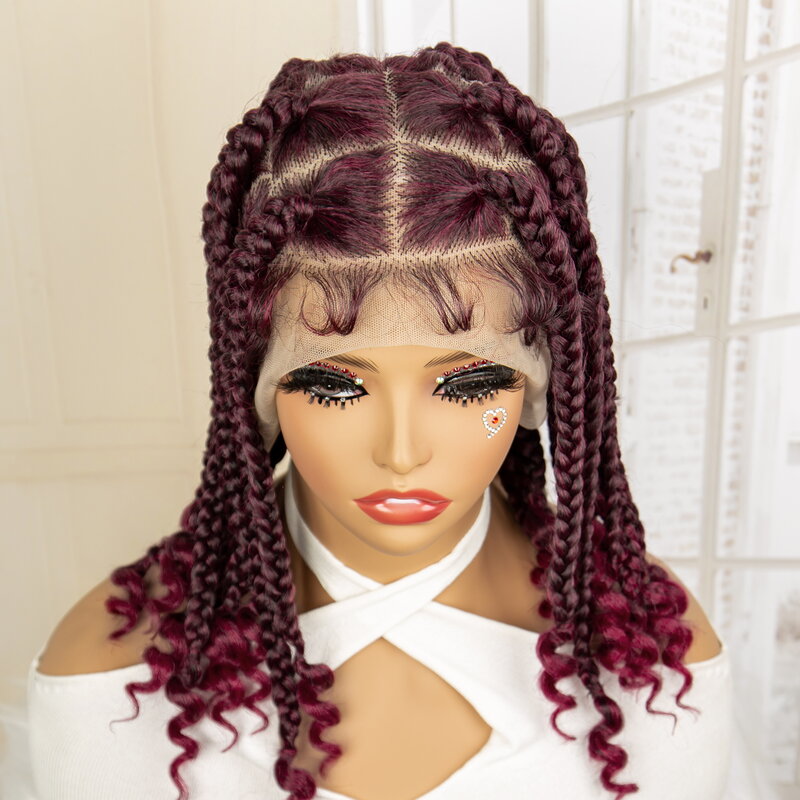 Curly Ends Synthetic Big Knotless Braided Wigs for Women Burgundy 14 Inches Full Lace Short Cornrow Braids Wig Lace Frontal Wig