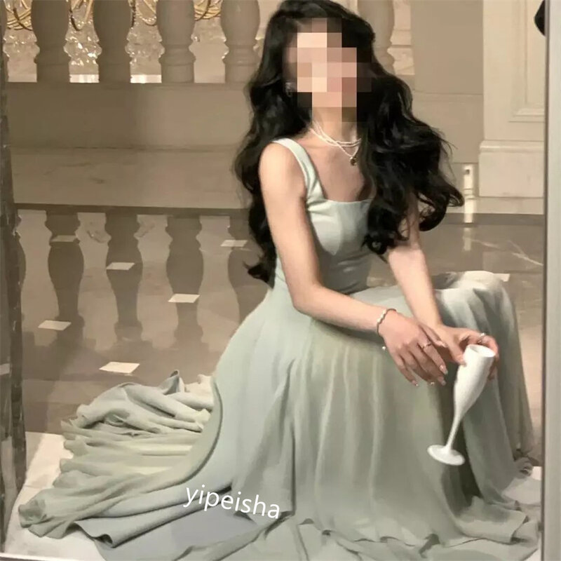 Gaun Prom Arab Saudi Jersey terbungkus pertunangan A-line tali Spaghetti Bespoke gaun acara gaun Midi