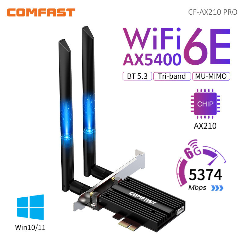 5374Mbps WiFi6E Intel AX210 PCIe kartu jaringan nirkabel 2.4G/5G/6GHz WiFi 6e adaptor 802.11ax/ac Bluetooth 5.3 untuk PC Win11/10
