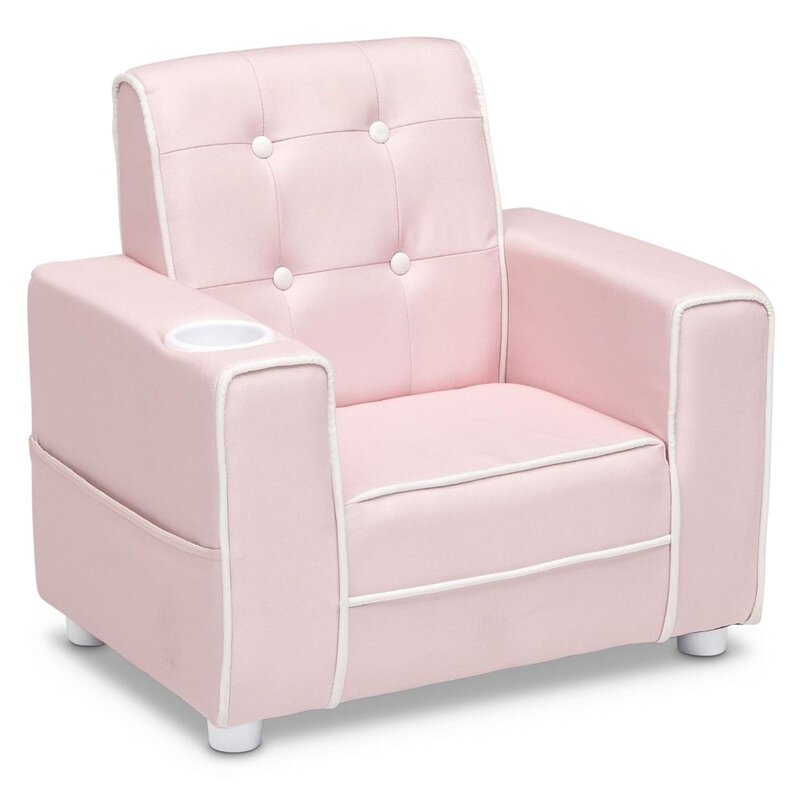 Детское кресло с мягкой обивкой и подстаканником, розового цвета