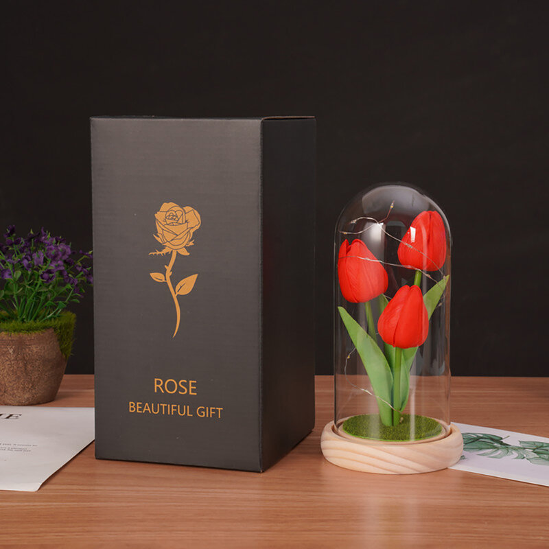 Hadiah Tulip untuk pacar perempuan, hadiah lampu malam Tulip simulasi PU dengan dekorasi penutup kaca, hadiah Hari Valentine kreatif