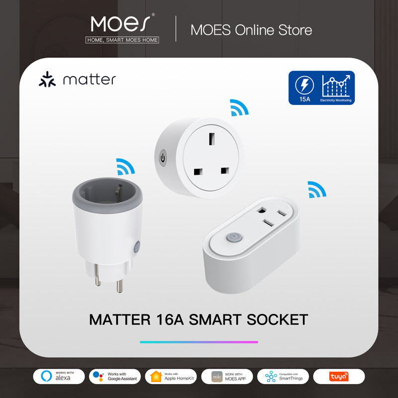 MOES Smart EU/US/UK Plug Matter presa WiFi 15/16A presa Timer supporto per Monitor di alimentazione TUYA Apple Homekit con Google Home Alexa