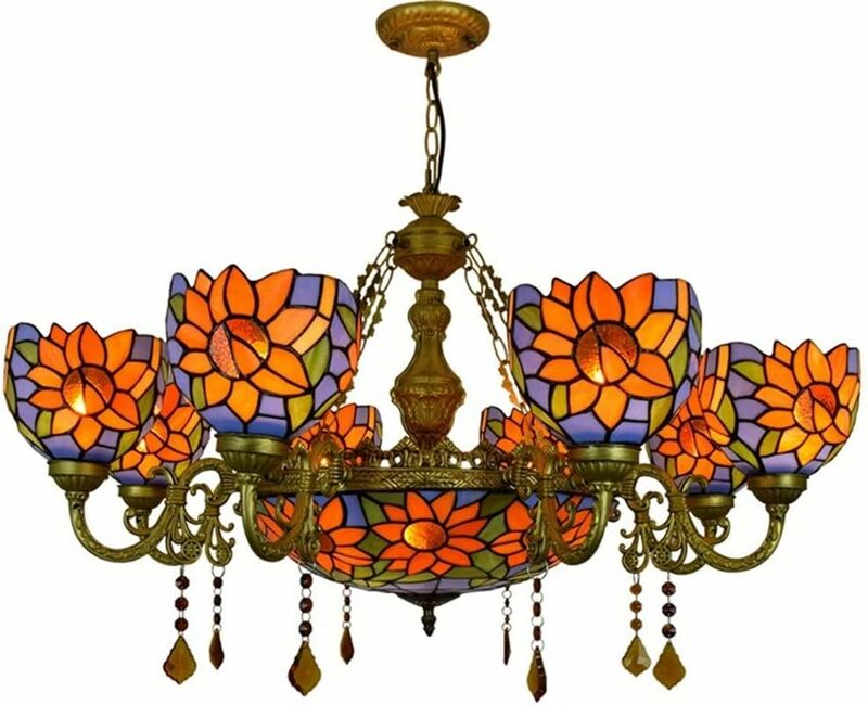 LIUZH Crystal Chandelier European Style Retro Square Tiffany Stained Glass Living Room Dining Room Bedroom Long