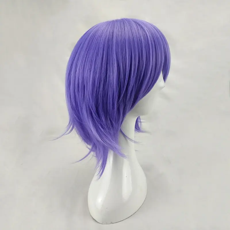 Peluca de Cosplay de color púrpura para hombre y mujer, pelo sintético en capas, corto y rizado, pelucas de fiesta con flequillo