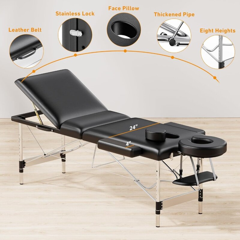 Massage Table Portable 84" Long 24" Wide Professional 3 Sections Reclining Massage Bed Lash Bed, Aluminium Adjustable Estheticia