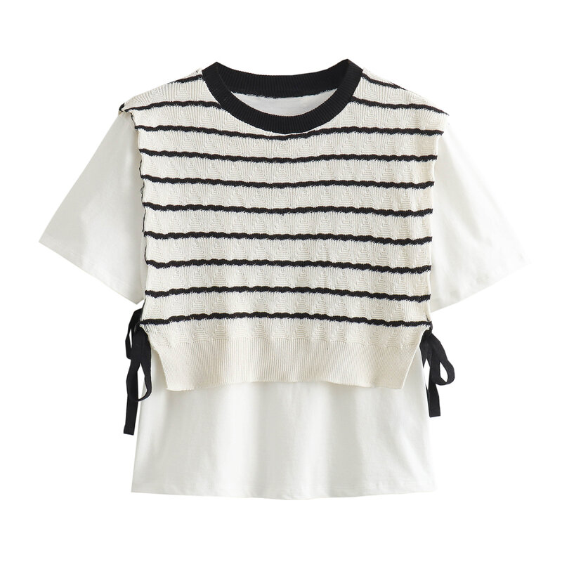 Maxdutti-camisetas listradas vintage para mulheres, gola redonda, tops de manga curta, moda patchwork, verão