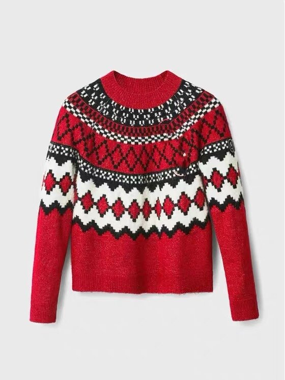 Foreign Trade Original Order Spain  New Women's Sweater Red Round Neck Holiday Warm Winter Knitwear