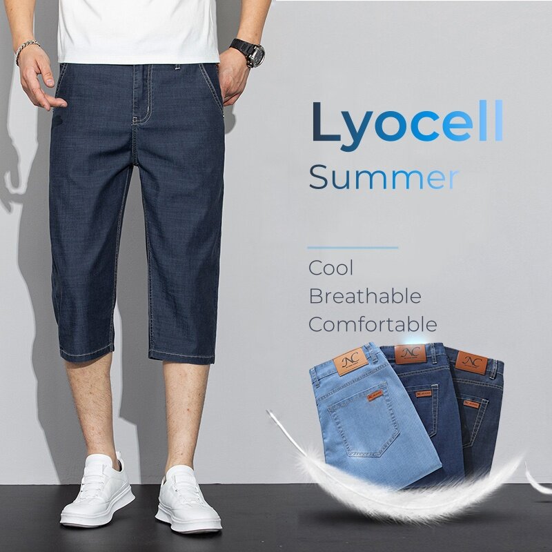 Summer Lyocell Thin Calf-Lenght Jeans Men's Cropped Denim Trousers Stretch Loose Short Jeans Male Casual Classic Brand Shorts