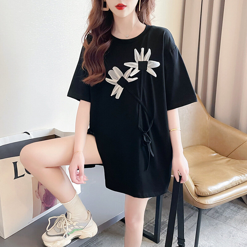 Camiseta de manga curta dividida de algodão feminina, fio dual core, blusa chique bordada, pulôver casual solto, moda verão, estilo coreano