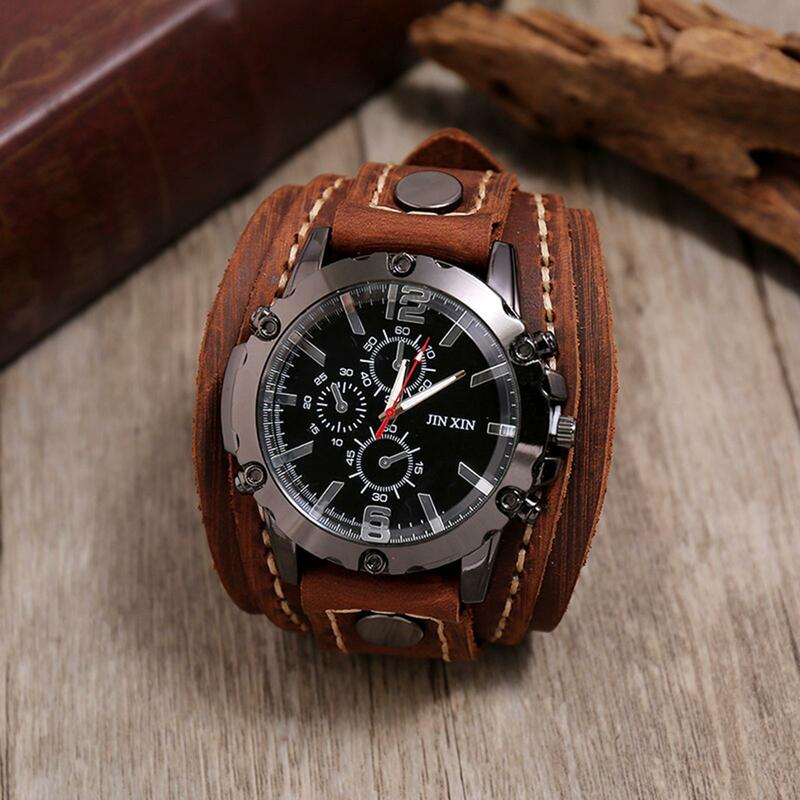 2023 New Mens Quartz Watches Luxury Wristwatch Cowhide Watchband Punk Style Watch for Men Wide Pu Leather Bracelets