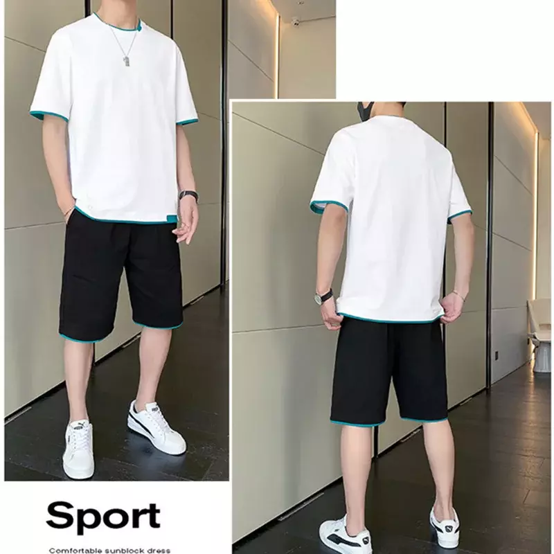 Setelan celana pendek pria, kaus celana pendek olahraga nyaman longgar serbaguna cocok warna kasual musim panas