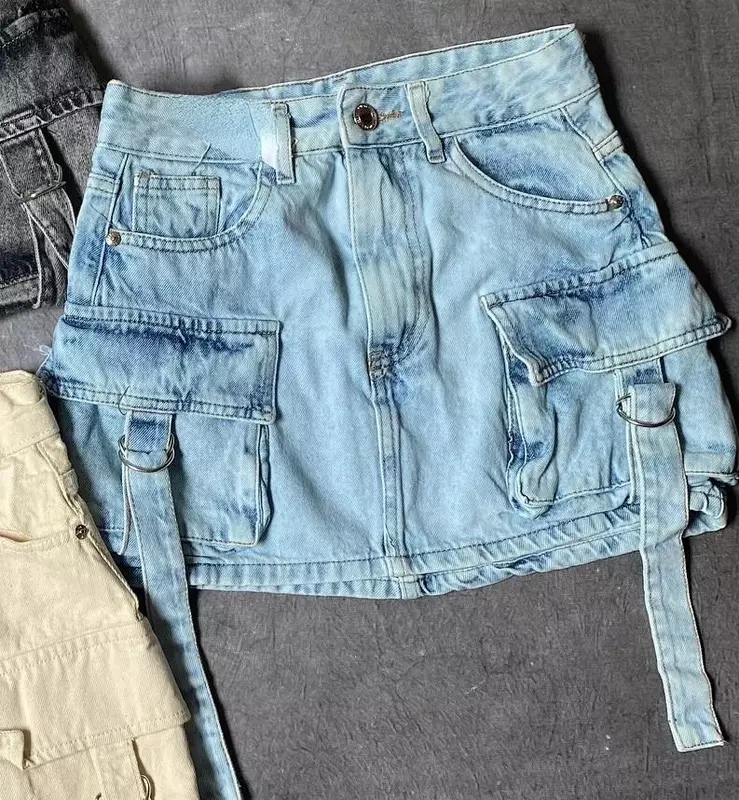 Женская джинсовая мини-юбка в стиле Харадзюку, однотонная трапециевидная мини-юбка с несколькими карманами, модная повседневная универсальная уличная одежда для девушек, 2024