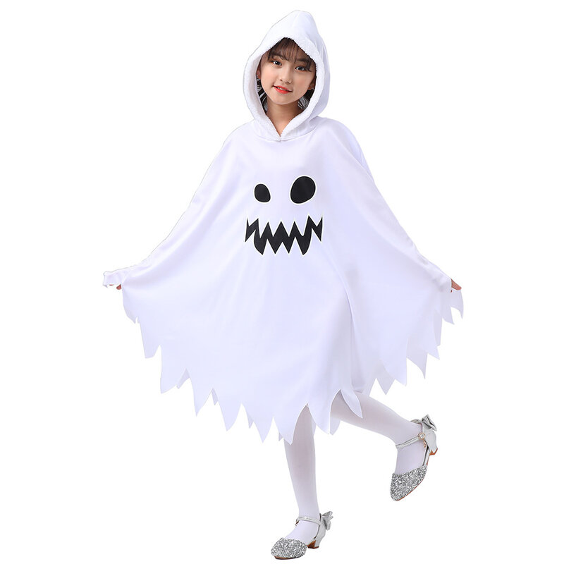 Fantasma e demônio brilham no cabo escuro para crianças, traje de cosplay branco bonito, vestido extravagante, desempenho, festa temática de Halloween, meninas, menino