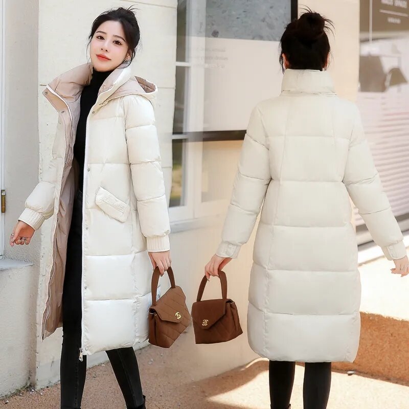 Down Cotton Jacket Women 2022 Winter New Korean Fashion Slim Thick Padded Coat Female Large Size Long Over Knee Hooded Parkas