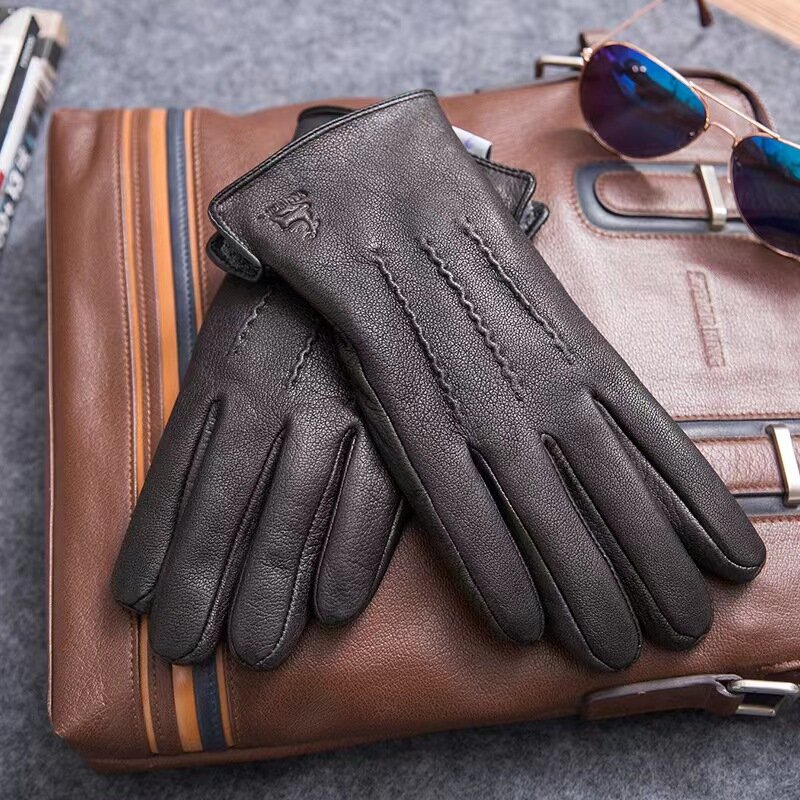New men's 100% sheepskin gloves, deer skin pattern design, warm and soft men's leather gloves, men's mittens with plush lining