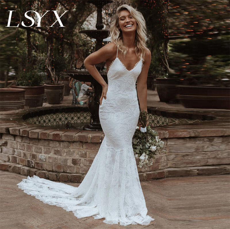 LSYX-Vestido de Noiva Sem Mangas Lace Mermaid, Vestido De Noiva Sem Costas, Decote Em V Profundo, Spaghetti Strap, Trem Tribunal, Personalizado