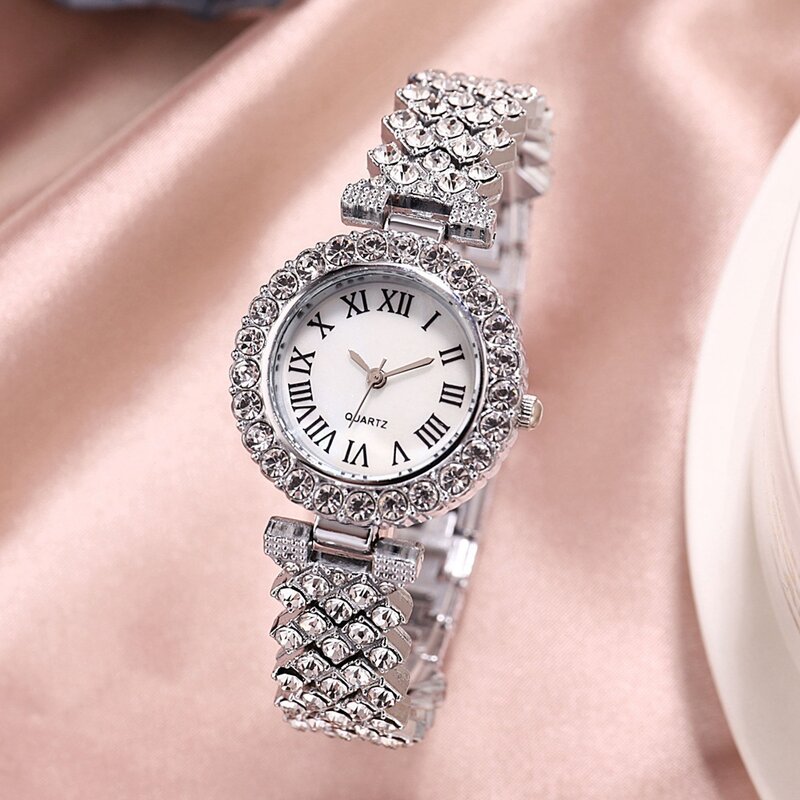 Модные женские кварцевые часы Стразы в римском стиле со стальным ремешком, кварцевые часы, роскошный браслет, женские наручные часы, ювелирные изделия в подарок