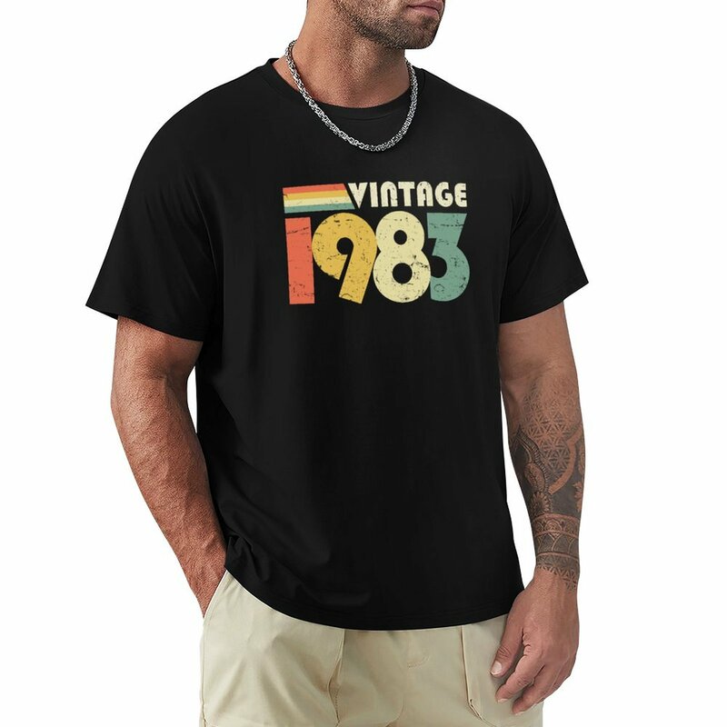 Camiseta vintage com design angustiado para homens, presente de aniversário, camisas de suor, roupas fofas de gato 1983
