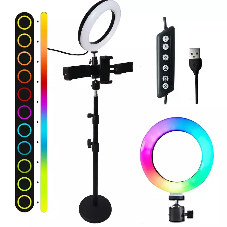 Anneau de lumière RVB avec support pour l'enregistrement en direct, lumière de photographie à LED, kit de lumière de maquillage, 16cm