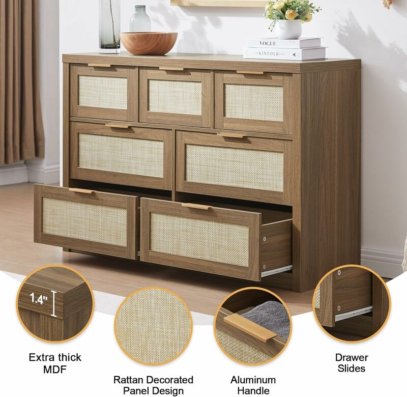 7 Drawer Dresser for Bedroom-Rattan Dresser for Bedroom with Metallic Handles and Ample Storage Space, Suitable for Living Rooms