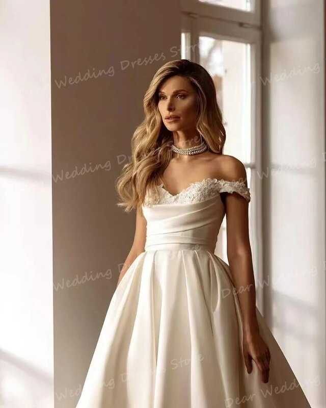 2024 wunderschöne Satin Brautkleider sexy eine Linie ärmellose Brautkleider Frauen rücken freie Schatz von der Schulter formale Vestidos