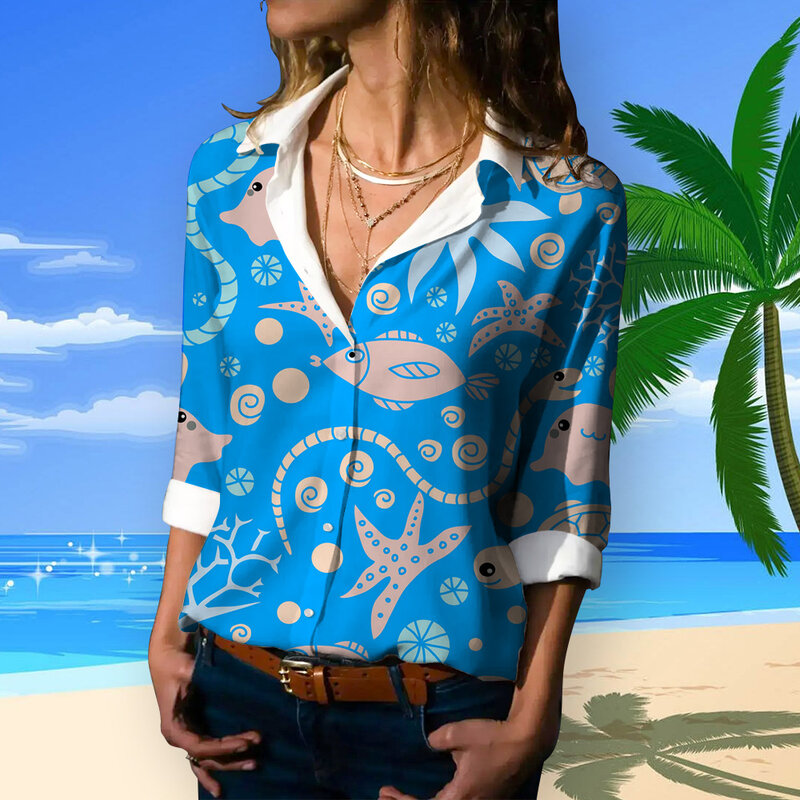 Chemise hawaïenne à manches longues pour femmes avec boutons, chemisier animal mignon, vêtements décontractés pour femmes, mode printemps et été, nouveau