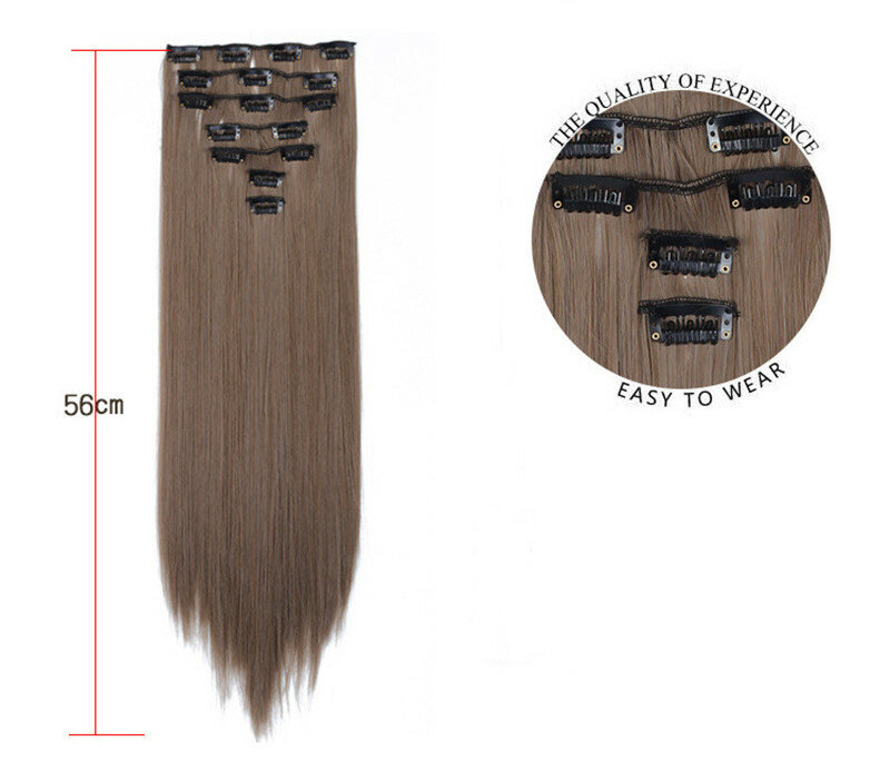 Sintetico 7 Clip nelle estensioni dei capelli parrucca lunga diritta acconciatura parrucchino nero marrone biondo 56CM capelli finti naturali per le donne
