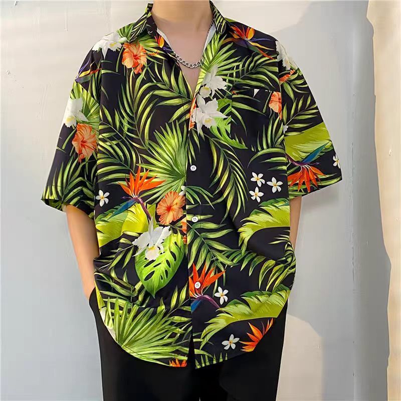 Elegant Fashion Harajuku Slim Fit Tops Loose Casual Sport All Match Ropa Hombre Printed Button Thin Style Short Sleeve Blusa