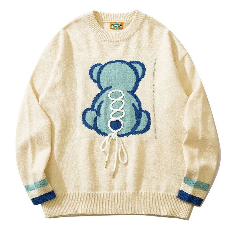 Chandails tricotés japonais Harajuku pour hommes, Vintage, décontracté, dessin animé ours, pulls amples, col rond, Couple, Streetwear d'hiver