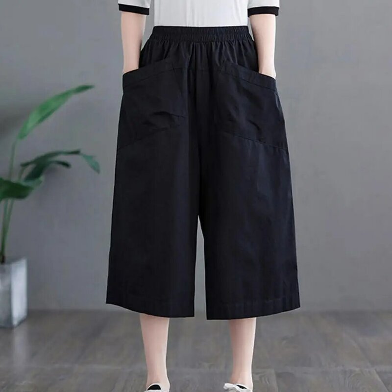 Elastic Waist Wide Leg Pants Stylish Wide Leg Cropped Pants with Pockets for Women Elastic Waist Work Pants Solid Color Loose