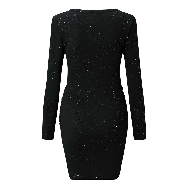 Plus Size Dresses For Curvy Women Long Sleeve V Neck Glitter Sparkly Sequin Cross Ruched Mini Dresses Evening Party Dresses