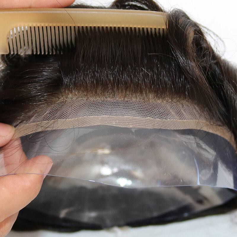 Męski tupecik szwajcarska koronka niewidoczna linia włosów 100% peruka z ludzkich włosów Q6 koronkowa peruka szwajcarska koronka podstawka PU peruka jednostka systemu wymiany