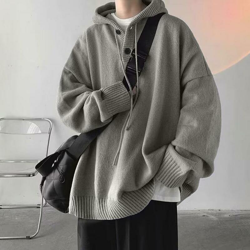 Men Autumn Winter Hooded Sweater Soft High Elastic Solid Color Loose Fit Pullover Sweater Outerwear Clothing
