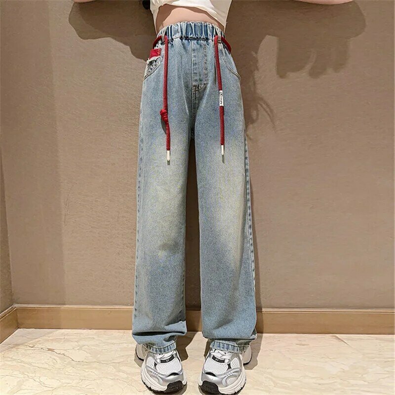 Celana Jeans anak perempuan 6-15 tahun, celana kaki lebar baru 2024, versi Korea untuk anak-anak usia 6-15 tahun