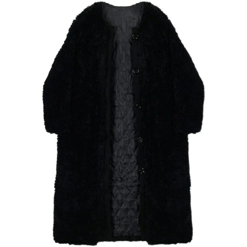 Winter Lamb Wool Fur Coat Women's Long Black Velvet Overcoat