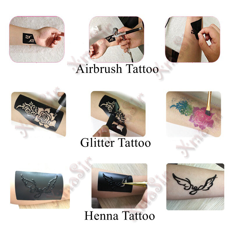 326 szt. 12 arkuszy aerografu szablon tatuaż brokatowy kobieta dziewczynka szablon do rysowania dziecko, mały kwiat motyl kreskówka szablon do tatuażu