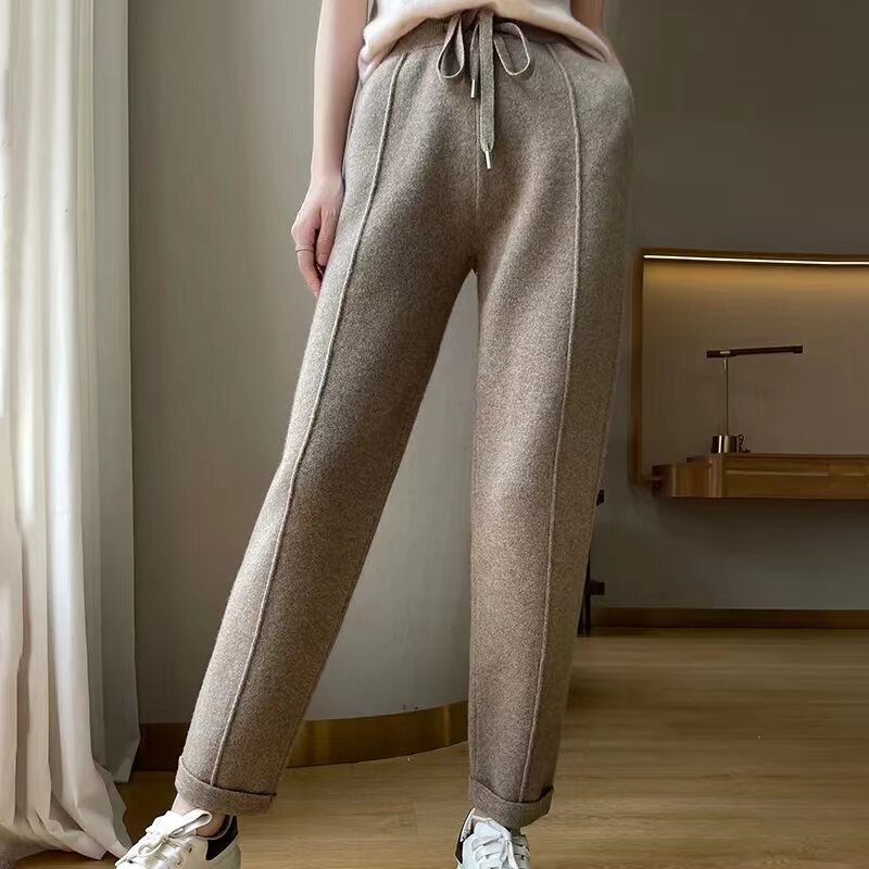 Celana kasmir pinggang tinggi wanita, celana pensil rajut kasual, 100% wol murni, ramping, baru, musim gugur dan musim dingin, 2023
