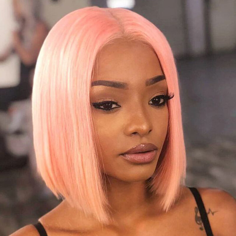 Peruvian Pink Short Bone Straight Lace Front Human Hair Wigs For Women Rose Pink Colored Bob Wig Transparent Lace Wig Preplucked