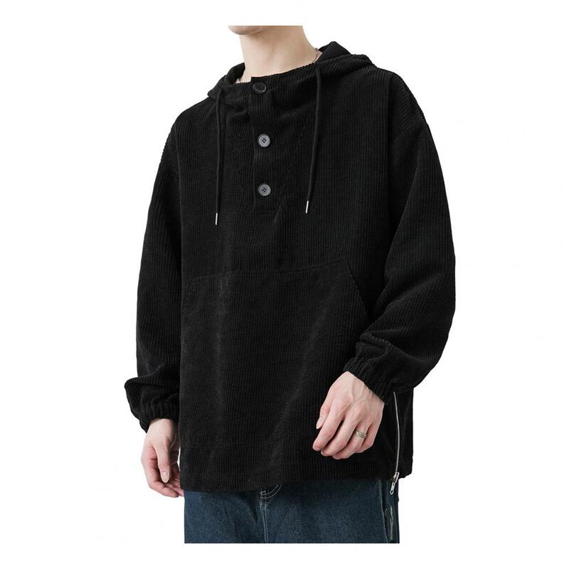 Hooded Button-up Top Men's Loose Fit Hoodie With Drawstring Patch Pocket Button Decor Simple Style Pullover For Wear Fall Spring
