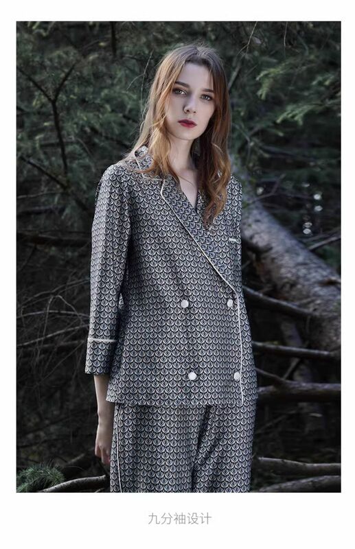 Birdtree-100 % Conjunto de pijama de seda real para mulheres, lapela, manga comprida, calça, casual, respirável, conforto, loungewear suave, outono, novo, S41435QD
