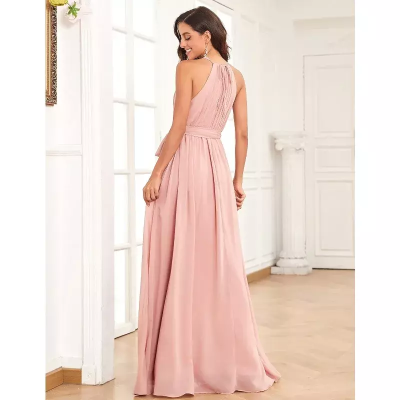 Damski Halter szyfonowa sukienka dla druhny długi z kieszonkową prostą suknią formalną suknię wieczorową na imprezę Vestidos De Gala