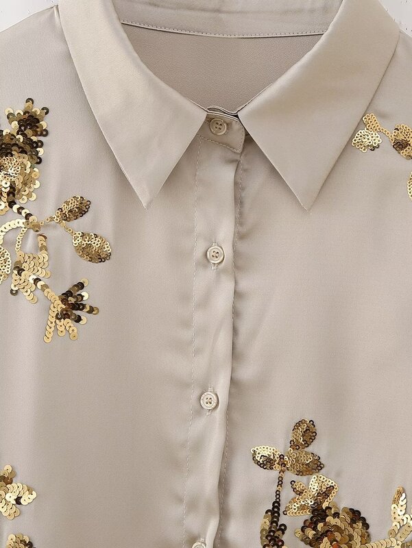 Camisa de satén informal con bordado de lentejuelas para mujer, camisa retro de manga larga con botones, top elegante, nueva moda