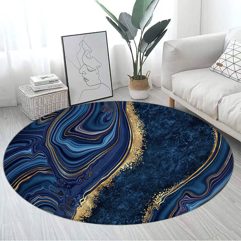 Abstrakter blauer Marmor runder Teppich Gold strukturiertes geometrisches Muster schwarze Teppiche Wohnzimmer Schlafzimmer Dekor Sofa Teppich Fußmatten