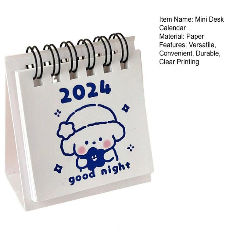 2 buah 2024 kalender meja Mini kumparan mengikat cetak bening kartun Tahun Baru kalender sederhana kartun Desktop untuk rumah kantor sekolah