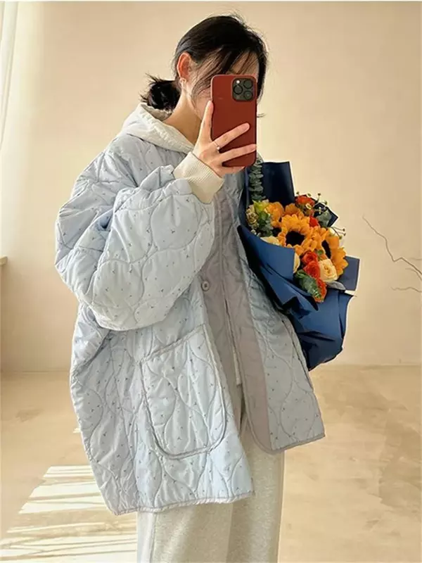 QWEEK 여성용 한국 패션 패딩 재킷, Y2K 페어리코어 블루 파카, 오버사이즈 플로럴 프린트, 달콤하고 부드러운 단추 업 아우터
