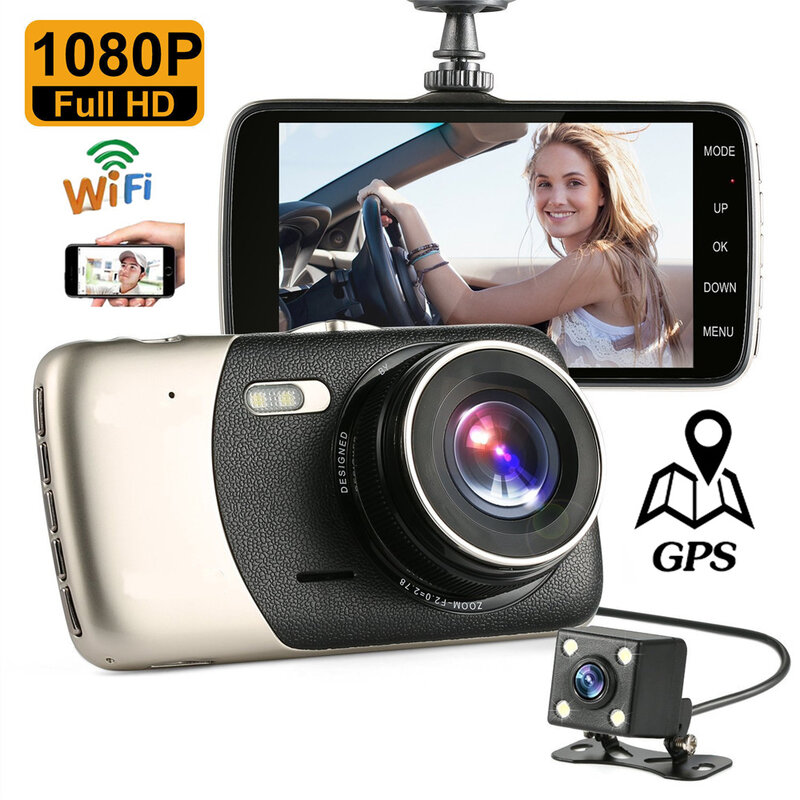 Carro DVR WiFi Dash Cam, 1080P Full HD, Câmera do veículo retrovisor, Gravador de Vídeo, Visão Noturna, Auto Dashcam, GPS, Acessórios Automotivos