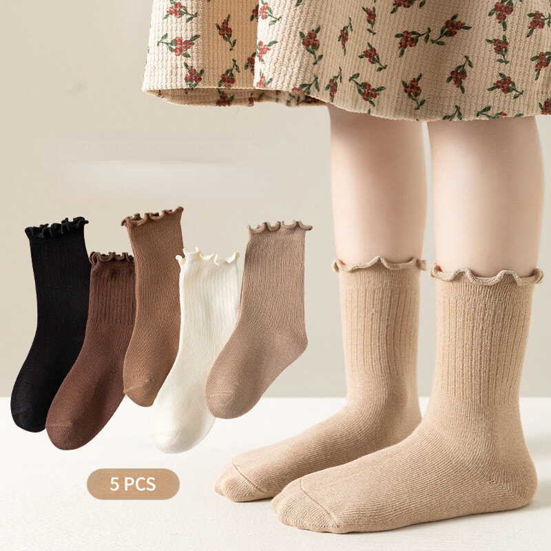 Calcetines de algodón de alta elasticidad para niños y niñas, medias simples de Estilo Vintage Lolita con volantes, Color sólido, lote de 5 pares, novedad, Otoño e Invierno
